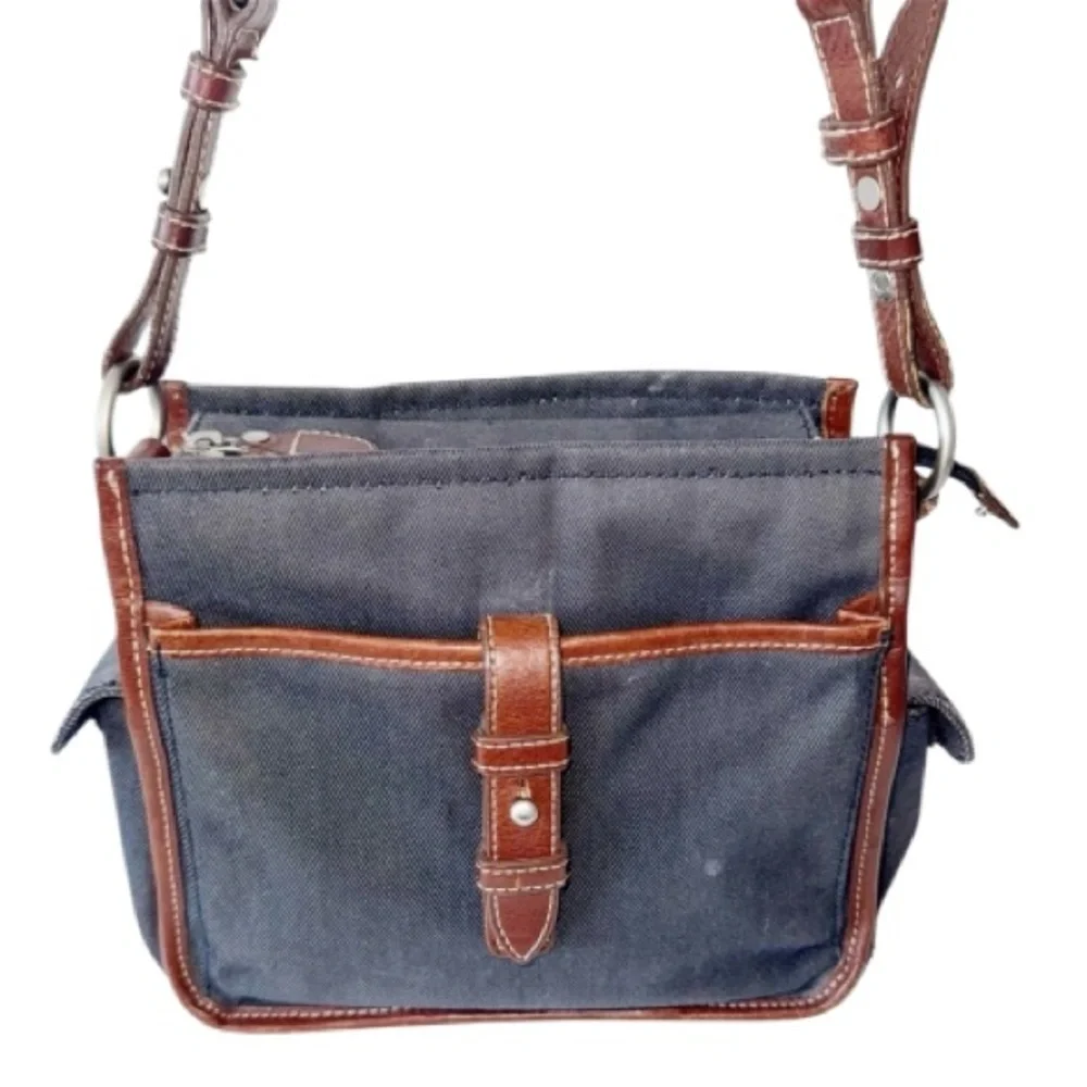Fossil Vintage Y2K Crossbody Bag Charcoal Gray Canvas & Brown Leather Handbag